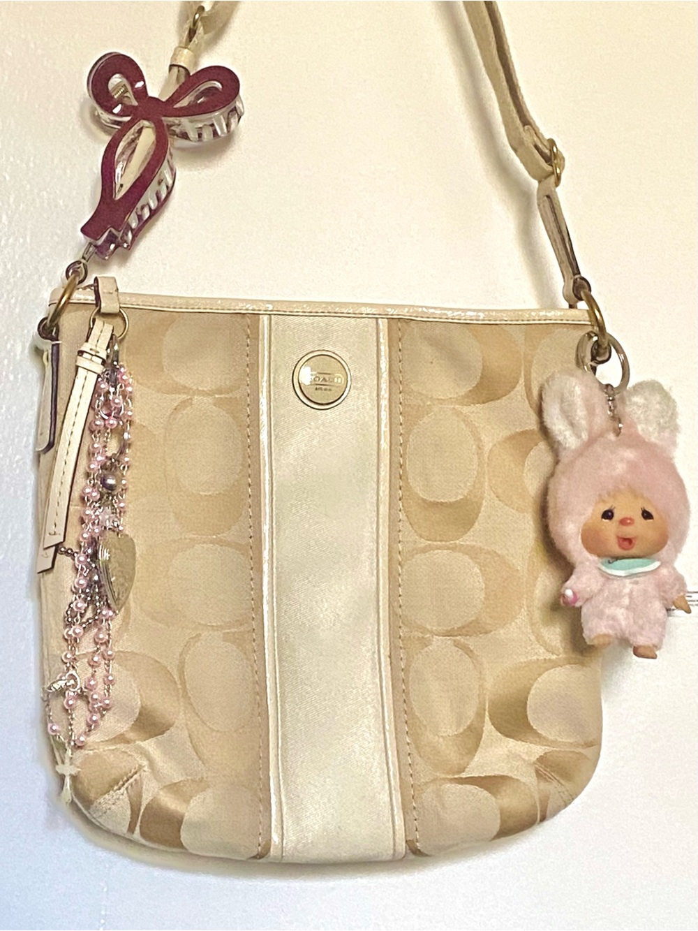 Coach Cream And Tan Signature Duffle Crossbody Bag